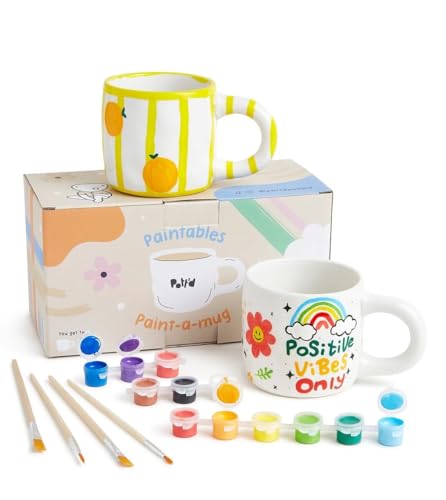RANJIMA Keramik Bemalen Set, Tassen Bemalen Set Keramik Tassen Malset mit 2*Becher, 2*Mischpalette, 4*Pinsel, 2*12 Farben & Malinspirationen, DIY Mug Painting Kreatives Geschenk für Erwachsene &Kinder von RANJIMA