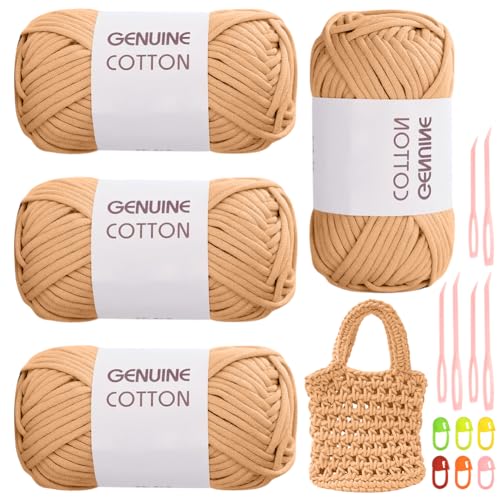 RANJIMA Khakifarbenes Garn, 4 Stück Einfach Häkelgarn für Anfänger, Gut Sichtbare Maschen Zum Häkeln Mit Häkelzubehör, Baumwoll-Nylon-Garn für Kleidung, Decken, Taschen, Pullover von RANJIMA