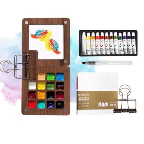 RANJIMA Mini Aquarellfarben Sets, 12 Farben Tragbare Aquarell Palette, Skizzenbuch Palette aus Holz, Magnetpalette mit Clip Mini-Holzpalettenbo Zusammenklappbare für Maler, Künstler, Studenten RANJIMA Mini Aquarellfarben Sets, 12 Farben Tragbare Aquarell Palette, Skizzenbuch Palette aus Holz, Magnetpalette mit Clip Mini-Holzpalettenbo Zusammenklappbare für Maler, Künstler, Studenten von RANJIMA