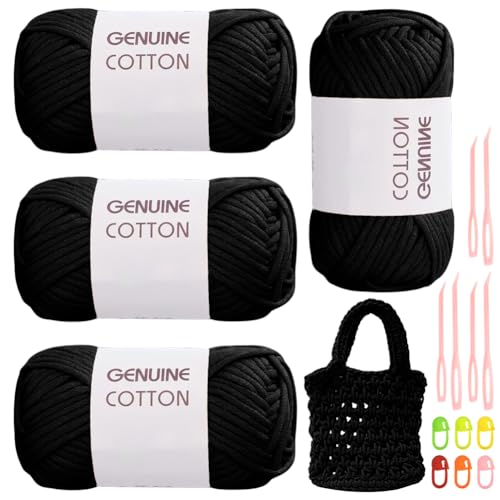 RANJIMA Schwarzes Garn, 4 Stück Einfach, Häkelgarn für Anfänger, Gut Sichtbare Maschen Zum Häkeln Mit Häkelzubehör, Baumwoll-Nylon-Garn für Kleidung, Decken, Taschen, Pullover von RANJIMA