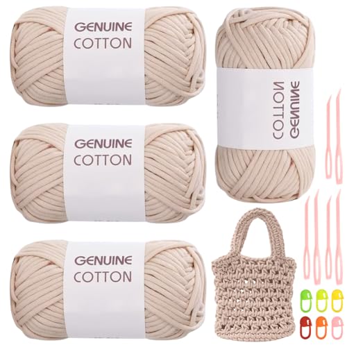 RANJIMA Beige Garn, 4 Stück Einfach, Häkelgarn für Anfänger, Gut Sichtbare Maschen Zum Häkeln Mit Häkelzubehör, Baumwoll-Nylon-Garn für Kleidung, Decken, Taschen, Pullover von RANJIMA