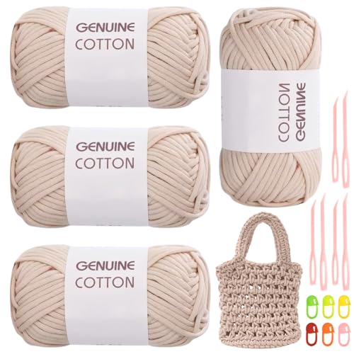 RANJIMA Beige Garn, 4 Stück Einfach Garn, Häkelgarn für Anfänger, Gut Sichtbare Maschen Garn Zum Häkeln mit Häkelzubehör, Baumwoll-Nylon-Garn für Kleidung, Decken, Taschen, Pullover (Beige) von RANJIMA