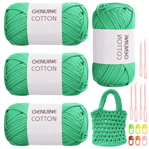 RANJIMA Weihnachtsgrünes Garn, 4 Stück Einfach Garn, Häkelgarn für Anfänger, Gut Sichtbare Maschen Garns Zum Häkeln mit Häkelzubehör, Baumwoll-Nylon-Garns für Kleidung, Decken, Taschen, Pullover von RANJIMA