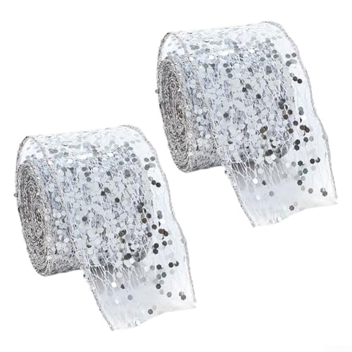 Netzband mit Drahtrand, Satin-Organza und Glitzer-Pailletten zum Basteln und für dekorative Displays (5,8 cm, Silber) von RANRAO