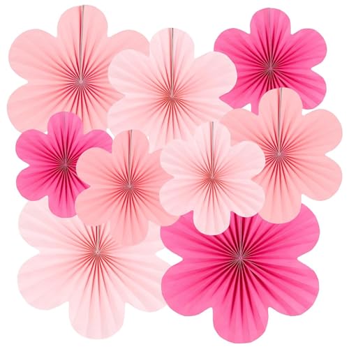 RANYAKE Satz von 9 Papier Fächer Dekoration, Seidenpapier Pompoms, Papierfächer Papierblumen Deko, Rosa Papierblumen zum Aufhängen, für Partys, Hochzeiten, Babypartys von RANYAKE