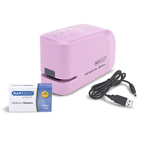 Rapesco 1451 626EL Automatisches USB/Batterie Heftgerät mit 1000 26/6mm Heftklammern, 15 Blatt Heftleistung, Rosa von Rapesco