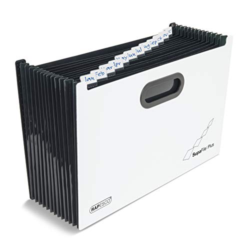 Rapesco 1624 SupaFile Plus 13-Teiliger Fächermappe, Übergröße für Akten und Ordner, A4+, Weiß mit Schwarzen Trennblätter von Rapesco