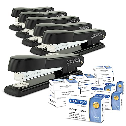 Rapesco 1733 Business Pack: 6 Germ-Savvy Antibakteriellem Marlin Heftgeräten, 25 Blatt Heftleistung, und 12 Schachteln von 1000 26/6mm Heftklammern, Schwarz von Rapesco