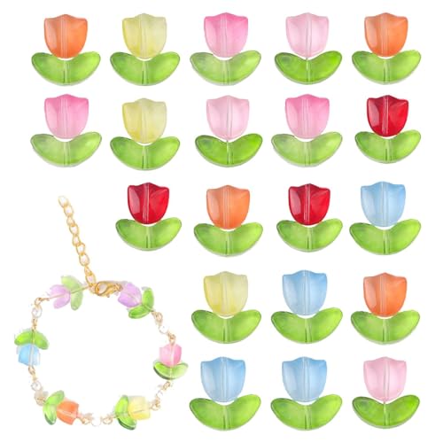 Glasblatt-Perlen – Glas-Tulpenabstandsperle – Gelee-Rosa, durchscheinend, bunt, dekorativ, handgefert , Tulpenperlen für handgefertigtes Armband Rasoli von RASOLI