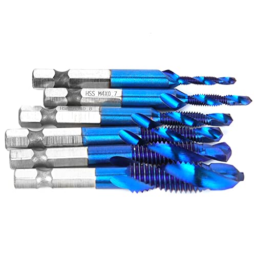 RASTKY 6pcs HSS Hex Shank Tap Drill Bit Set M3 M4 M5 M6 M8 M10 Beschichtet, 6,35 Mm Sechskantmetall -Aluminium -Eisen, Ein Stiefklopfen und Bohrungen (Metrik M35 Blue Nami-Beschichtung 6-teiliger Set) von RASTKY