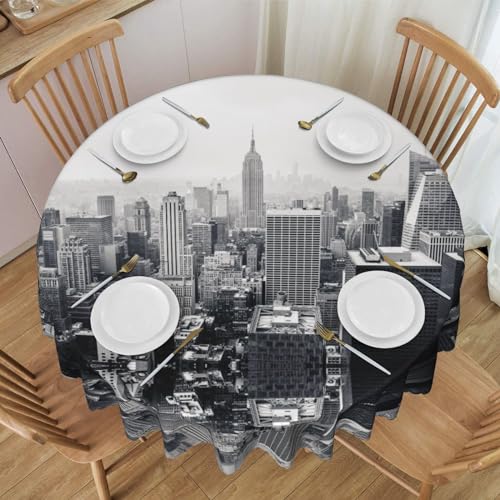 Personalisierte runde Tischdecke, Motiv: New York, bedruckt, öl- und staubabweisend, dekorativ, rund, Schwarz / Weiß von RAXER
