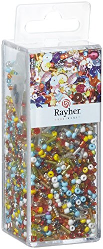 Rayher 24086000 Pailletten-/Glasperlenmix, bunte Mischung, 90 g und 50 m Draht 0,3 mm ø, Bastelperlen, Rocailles, Pailletten, Wachsperlen, Fädeldraht, 12.7x4.4x4.0 cm von Rayher
