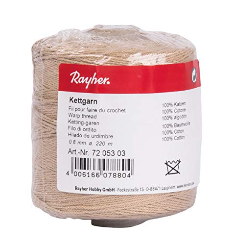 Rayher 7205303 Kettgarn, Rolle 220 m, Nr. 9, 0,8 mm stark, 6-fädig, beige, 100% Baumwolle, zum Bespannen von Webrahmen von Rayher