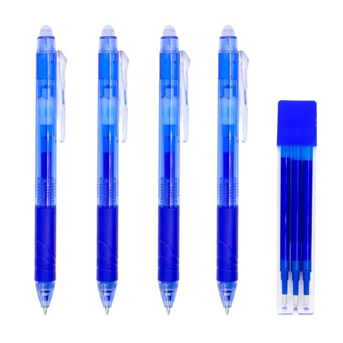 RAYLU PAPER® - Packung mit 4 einziehbaren und löschbaren Kugelschreibern und 3 Ersatzminen, mit Hybrid-Geltinte, blau und 0,7 mm Strichbreite (4 blau + 3 Ersatzteile) von RAYLU PAPER
