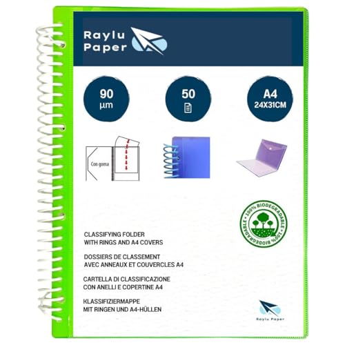 RAYLU PAPER - Sortiermappe mit Ringen mit A4 Klarsichthüllen 90 Mikron und Umschlag mit Klettverschluss, personalisierbarer Deckel, 100% biologisch abbaubar (50 Hüllen, grün) von RAYLU PAPER