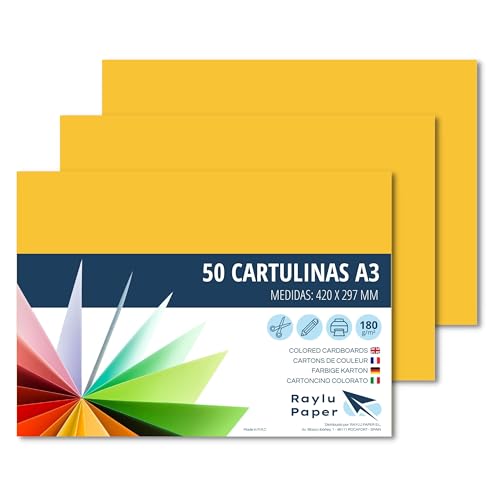 RAYLU PAPER – Tonpapier A3, 50 Stück Kartonpapier 180g/m², 297 x 420 mm, professionelle farbige Kartons für Büro, Kopierpapier, Buntes Papier zum Basteln (Kanariengelb) von RAYLU PAPER