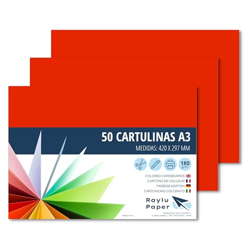 RAYLU PAPER – Tonpapier A3, 50 Stück Kartonpapier 180g/m², 297 x 420 mm, professionelle farbige Kartons für Büro, Kopierpapier, Buntes Papier zum Basteln (Rot) von RAYLU PAPER