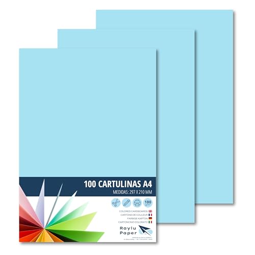 RAYLU PAPER – Tonpapier A4, 100 Stück Kartonpapier 180g/m², 210 x 297 mm, professionelle farbige Kartons für Büro, Kopierpapier, Buntes Papier zum Basteln (Himmelblau) von RAYLU PAPER