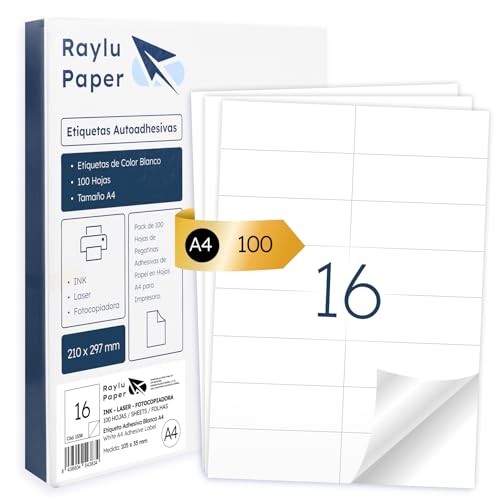 Raylu Paper ® - Selbstklebende weiße Etiketten zum Drucken, selbstklebende Papieraufkleber auf A4-Bögen für Inkjet-Drucker, Laser und Fotokopierer, 16 Etiketten pro Blatt (105 x 35 mm) von RAYLU PAPER