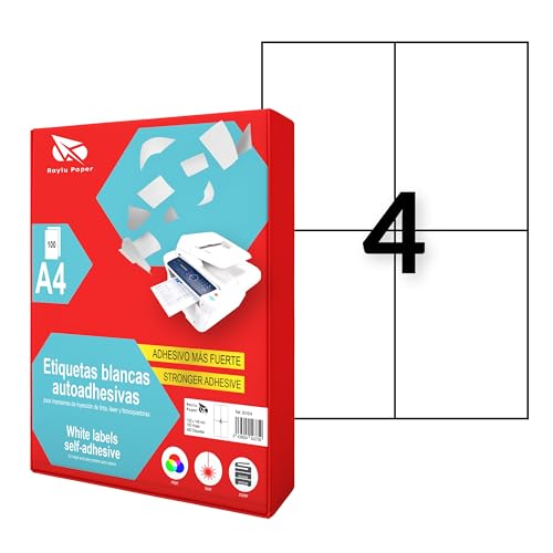 Raylu Paper ® - Selbstklebende weiße Etiketten zum Drucken, selbstklebende Papieraufkleber auf A4-Bögen für Inkjet-Drucker, Laser und Fotokopierer, 4 Etiketten pro Blatt (105 x 148 mm) von RAYLU PAPER