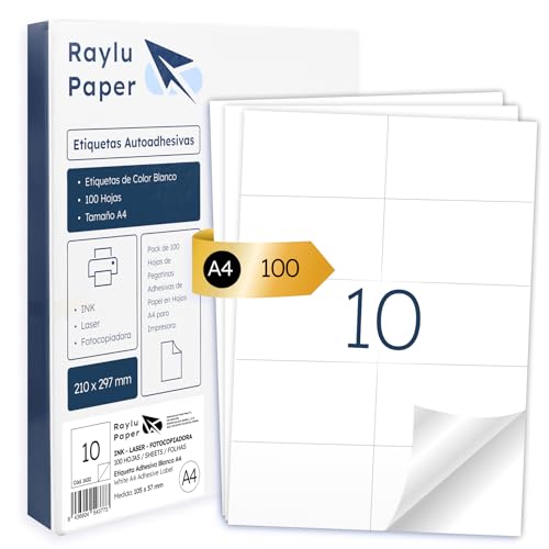 Raylu Paper ® - Selbstklebende weiße Etiketten zum Drucken, selbstklebende Papieraufkleber auf A4-Bögen für Inkjetdrucker, Laser und Fotokopierer, 10 Etiketten pro Blatt (105 x 57 mm) von RAYLU PAPER