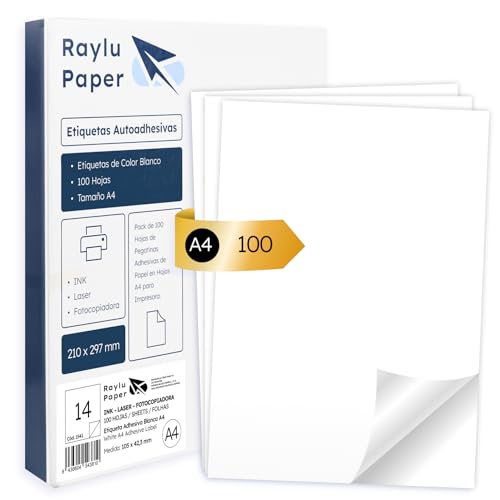 Raylu Paper ® - Selbstklebende weiße Etiketten zum Drucken, selbstklebende Papieraufkleber auf A4-Bögen für Inkjetdrucker, Laser und Fotokopierer, 14 Etiketten pro Blatt (105 x 42,3 mm) von RAYLU PAPER