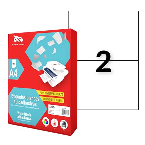 Raylu Paper ® - Selbstklebende weiße Etiketten zum Drucken, selbstklebende Papieraufkleber auf A4-Bögen für Inkjetdrucker, Laser und Fotokopierer, 2 Etiketten pro Blatt (210 x 148 mm) von RAYLU PAPER