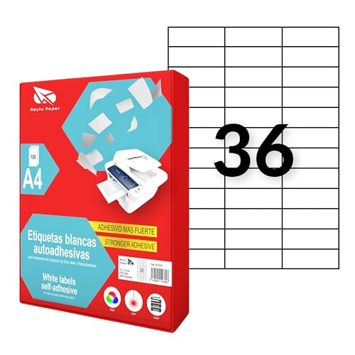 Raylu Paper ® - Selbstklebende weiße Etiketten zum Drucken, selbstklebende Papieraufkleber auf A4-Bögen für Inkjetdrucker, Laser und Fotokopierer, 36 Etiketten pro Blatt (70 x 25 mm) von RAYLU PAPER