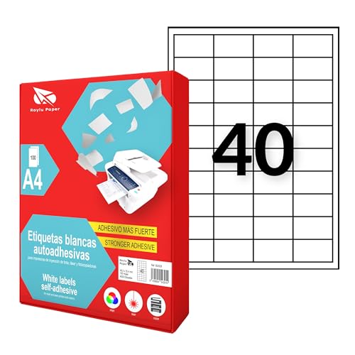 Raylu Paper ® - Selbstklebende weiße Etiketten zum Drucken, selbstklebende Papieraufkleber auf A4-Bögen für Inkjetdrucker, Laser und Fotokopierer, 40 Etiketten pro Blatt (48,5 x 25,4 mm) von RAYLU PAPER