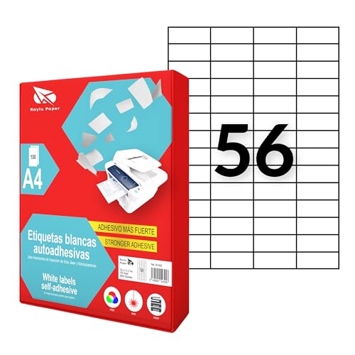 Raylu Paper ® - Selbstklebende weiße Etiketten zum Drucken, selbstklebende Papieraufkleber auf A4-Bögen für Inkjetdrucker, Laser und Fotokopierer, 56 Etiketten pro Blatt (52,5 x 21,2 mm) von RAYLU PAPER