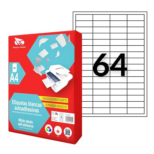 Raylu Paper ® - Selbstklebende weiße Etiketten zum Drucken, selbstklebende Papieraufkleber auf A4-Bögen für Inkjetdrucker, Laser und Fotokopierer, 64 Etiketten pro Blatt (48,5 x 16,9 mm) von RAYLU PAPER