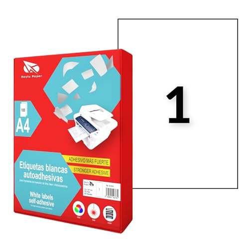 Raylu Paper ® - Weiße selbstklebende Etiketten zum Drucken, 100 Stück Aufkleber auf A4 Blatt für Inkjet-Drucker, Laser und Fotokopierer, 1 Etikett pro Blatt (210 x 297 mm) von RAYLU PAPER