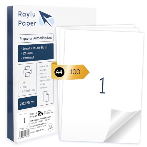 Raylu Paper ® - Weiße selbstklebende Etiketten zum Drucken, 100 Stück Aufkleber auf A4 Blatt für Inkjet-Drucker, Laser und Fotokopierer, 1 Etikett pro Blatt (210 x 297 mm) von RAYLU PAPER