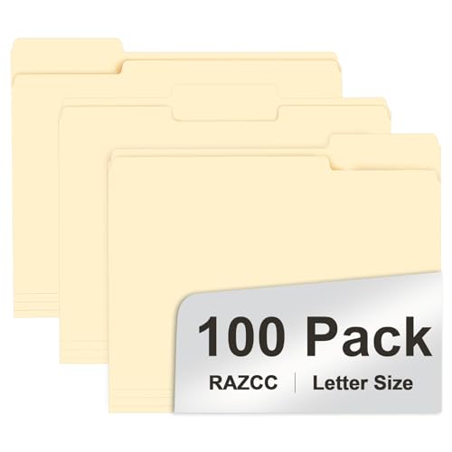 RAZCC Aktenordner, 100 Stück, 1/3 geschnittene Registerkarten, Briefgröße, Manila-Ordner, Ordner mit Register, ideal zum Organisieren und einfachen Aufbewahren von Dateien von RAZCC