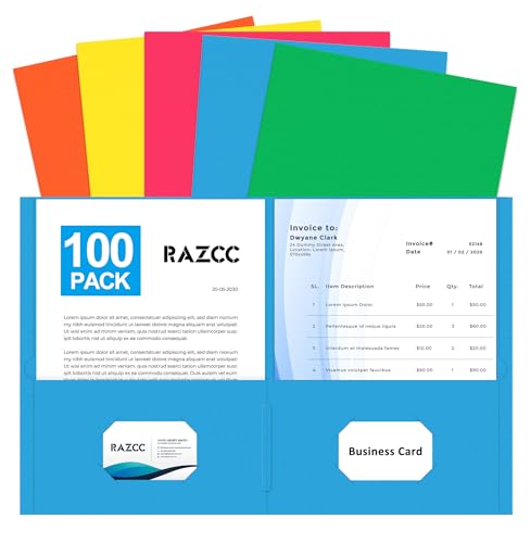 RAZCC Aktenordner mit zwei Taschen, passend für Papier in Briefgröße, dickes Papier, für Schule, Büro, Büro, Zuhause, sortiert, 5 Farben, 100 Stück RAZCC Aktenordner mit zwei Taschen, passend für Papier in Briefgröße, dickes Papier, für Schule, Büro, Büro, Zuhause, sortiert, 5 Farben, 100 Stück von RAZCC