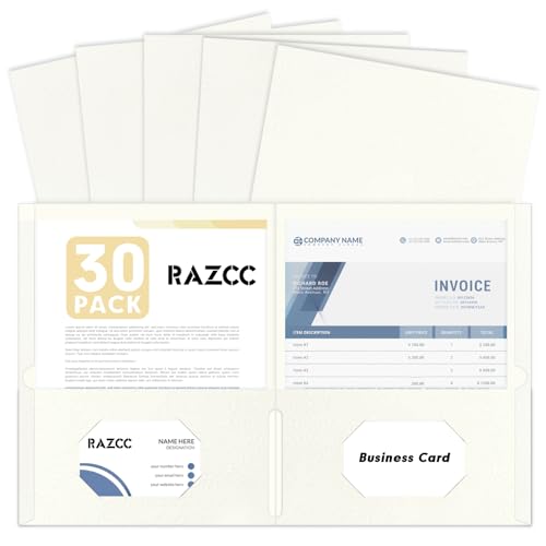RAZCC Aktenordner mit zwei Taschen, passend für Papier in Briefgröße, dickes Papier, für Schule, Büro, Geschäft, Zuhause, 30 Stück (weiß) von RAZCC