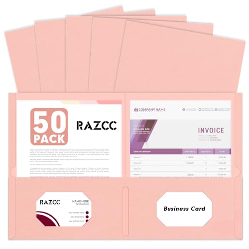 RAZCC Ordner mit zwei Taschen, 50 Stück, 2 Taschen, passend für Papier in Briefgröße, Papierordner mit Taschen für Schule, Büro, Geschäft, Zuhause (Rosa) von RAZCC