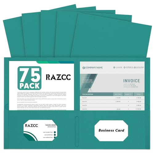 RAZCC Ordner mit zwei Taschen, 75 Stück, 2 Taschen, passend für Papier in Briefgröße, Papierordner mit Taschen, für Schule, Büro, Business, Zuhause, Türkis von RAZCC