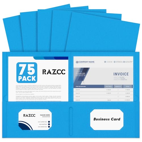 RAZCC Ordner mit zwei Taschen, 75 Stück, 2 Taschen, passend für Papier in Briefgröße, Papierordner mit Taschen für Schule, Büro, Geschäft, Zuhause, Blau von RAZCC