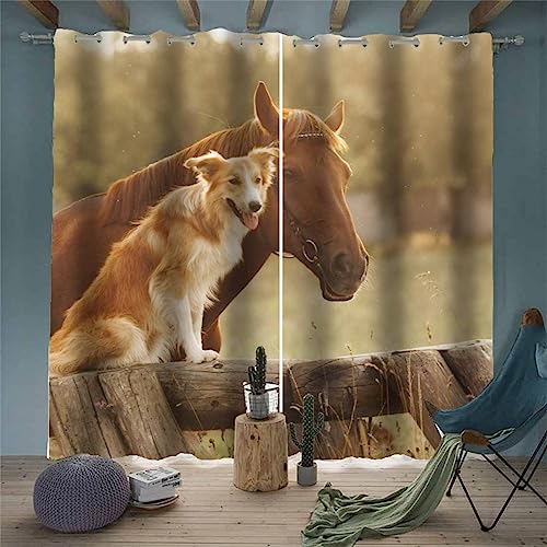 RCKLCY Vorhänge Schlafzimme mit Ösen 3D gedruckt Pferd Und Hund Kinderzimmer Gardinen Wärmeisolierende Verdunkelungsvorhang Tierbild 2er Set Microfaser Gardinen Wohnzimmer Größe:2 x B70 x H160 cm von RCKLCY
