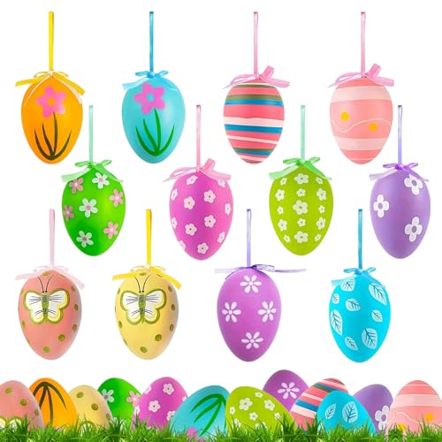 24 Stück Ostereier zum Aufhängen, 6 x 4 cm, Ostereier Plastik mit Schnur, Ostereier Deko, Ostereier für Innen und Außen Deko, Plastikeier zum Aufhängen, Für Osterdeko und Geschenk von RCYHCY