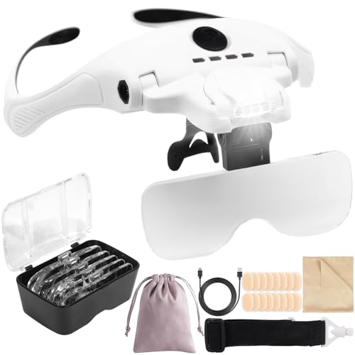 RDDAIPE Lupenbrille mit Licht, USB Ladung Kopfbandlupe mit 4 Led Licht und 2 Einstellbarer Helligkeit Lupenbrille für Brillenträger, Stirnlupe für Diamond Painting, Juweliere Bastel Lesen, Modellbau von RDDAIPE