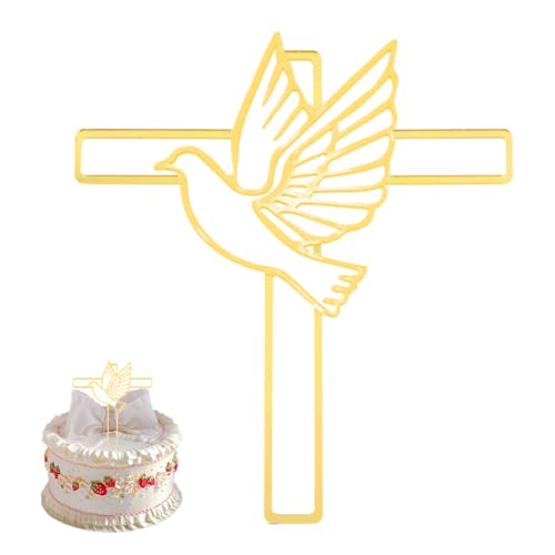 RDNKVB Cake Topper - Elegante Gold Acryl Torte Dekoration für Hochzeit, Geburtstag und mehr! Taube Design, Spiegel Kuchen Set 16x14cm - Perfekt für Babyparty und Kommunion. 1Stk. Kuchendeko Kreuz von RDNKVB