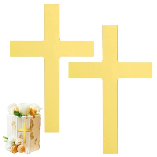 RDNKVB Gold Acryl Cake Topper 10x7cm Kreuz Kuchendeko Torte Deko Spiegel Kuchen Dekoration Set für Hochzeit Geburtstag Party Kommunion 2Stk. von RDNKVB