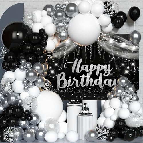 Ballonbogen, Weiß und Schwarz, ideal für Hochzeitsdekoration, Abschlussfeier und Dekoration für Erwachsene, 168-teiliges Set mit schwarz-weißen, silbernen und transparenten Luftballons, Schwarz und von REAL DECO
