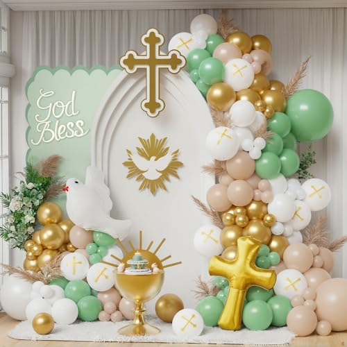 Ballonbogen Dekoration Taufe Junge oder Mädchen, Dekoration zur Kommunion, Mädchen oder Junge, Dekoration zur Erstkommunion für Kinder, 158 Teile mit goldenem Kreuz und weißer Taube für religiöse von REAL DECO