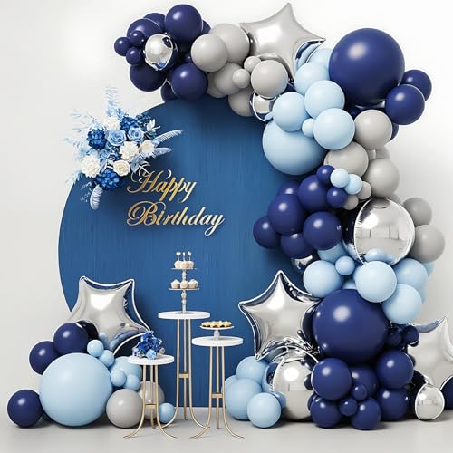 Ballonbogen zum Geburtstag, 153 Stück, Luftballons, blau, silber und grau, ideal für die Dekoration von Babypartys, Kindertaufen und Kommunionen, Hochzeitsdekoration mit Helium- und Ballonbogen zum Geburtstag, 153 Stück, Luftballons, blau, silber und grau, ideal für die Dekoration von Babypartys, Kindertaufen und Kommunionen, Hochzeitsdekoration mit Helium- und von REAL DECO