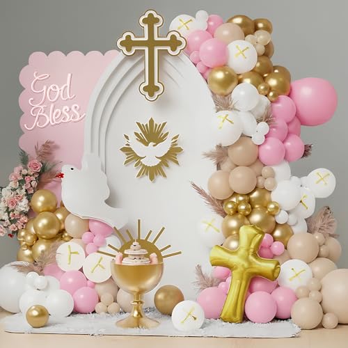 Bogen Luftballons Dekoration Kommunion Mädchen Jungen Dekoration Taufe Mädchen Junge mit großem Goldkreuz und weißer Taube Luftballons Kommunion Taufe für Kinder Geschenke zur religiösen Feier Mädchen von REAL DECO