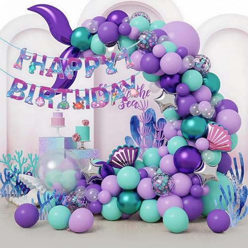 Geburtstagsdekoration für Mädchen, mit Meerjungfrauenschwanz, Barbie, Meerjungfrau, Dekoration für Geburtstag, Mädchen, lila Luftballons, Banner Happy Birthday Geburtstagsdekoration für Mädchen, mit Meerjungfrauenschwanz, Barbie, Meerjungfrau, Dekoration für Geburtstag, Mädchen, lila Luftballons, Banner Happy Birthday von REAL DECO