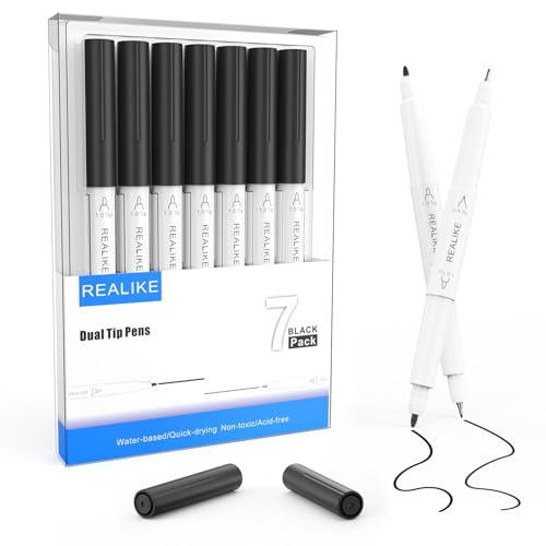 REALIKE Schwarz Dual Tips Marker Stifte für Cricut Maker 3/Maker/Explore 3/Air 2/Air Fine Point Pen Medium Kalligraphie 7 Stifte 1.0/0.4 Tipps für Zeichnung Schreiben von REALIKE